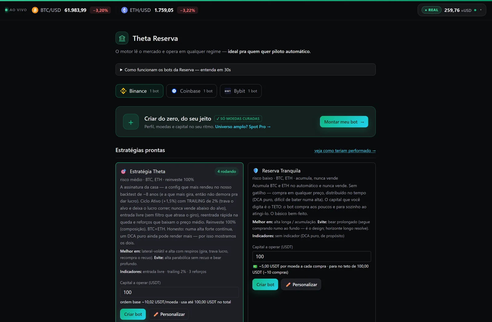 Página Theta Reserva com presets e chips das três corretoras.